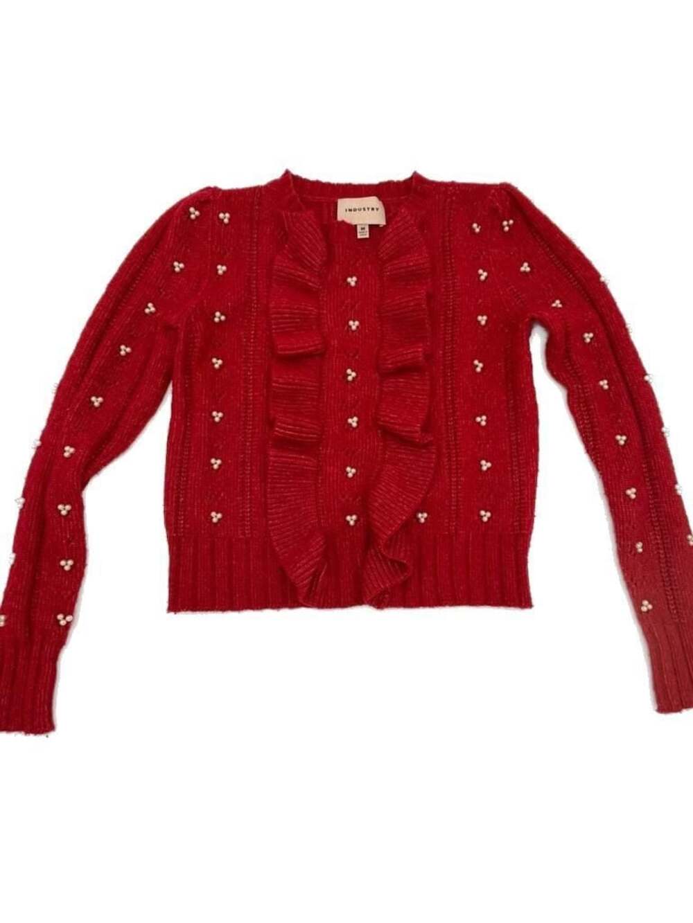 Industry Fitted Magenta Pink Wool Blend Sweater w/ Ruffle front and pearl detail